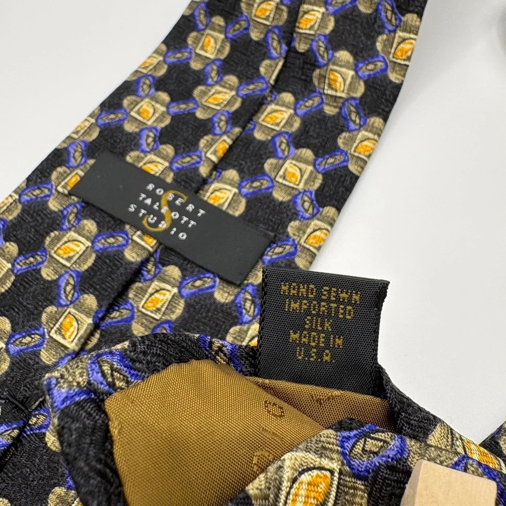 Robert Talbott Studio Blue/Gold Pattern Tie‎ Hand Sewn Imported Silk 59x4
